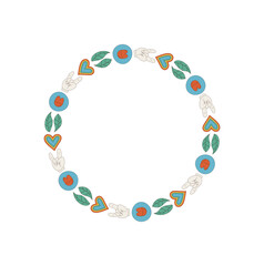 Groovy retro sticker circle border with colorful heart and hand, hippie peace motif pattern. Vibrant y2k accent in playful style, perfect as a decorative art element or creative label.