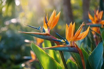 Exotic tropical blooms: Bird of Paradise with vivid orange and blue petals among leaves