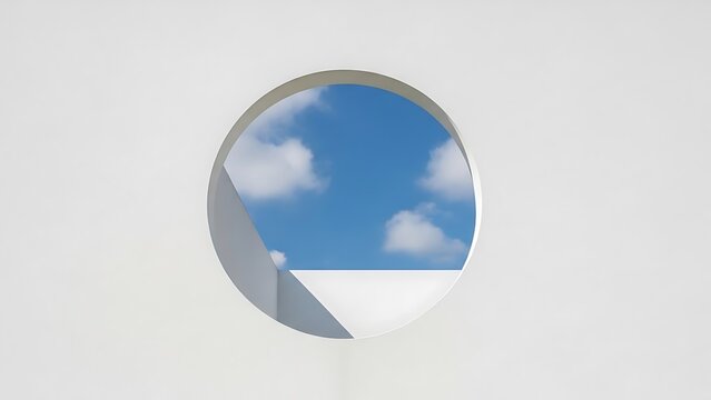 A serene view of the blue sky and white clouds framed by a modern circular opening