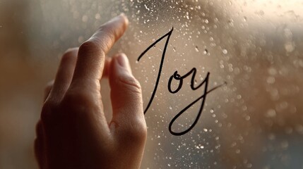 A hand traces the word 'Joy' on a rain-speckled glass window, conveying a feeling of tranquility and hope.