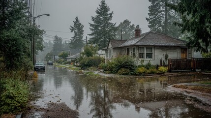Fototapeta premium F flooded suburban house surrounded by floodwater and debris under a gray overcast sky
