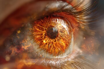 Fantasy eye art: macro view of a bright orange iris and radiant light