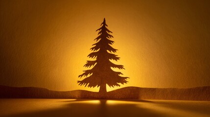 Silhouette of a pine tree against a warm, glowing sunset background.