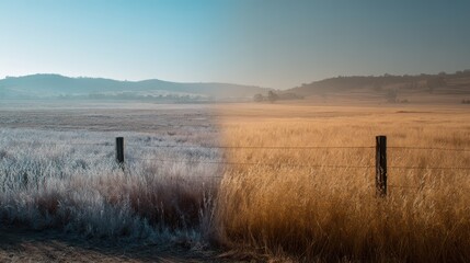 Field Juxtaposition: Frosty Cold Side and Sun-Warmed Hot Side in a Landscape