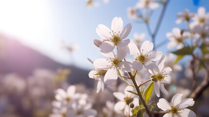 Delicate White Spring Blossoms Against Bright Blue Sky With Sun Flare flowers nature