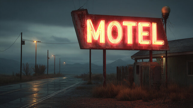 Neon motel sign glowing at dusk on a quiet highway - Powered by Adobe