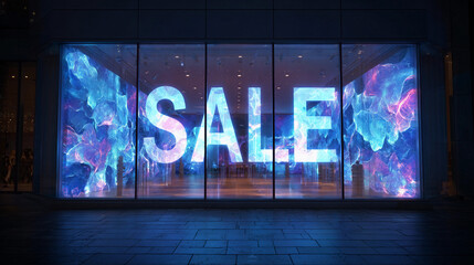 Bright digital sign promotes sale at a storefront in the city