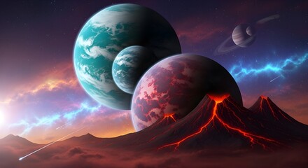 Alien planets erupting lava under cosmic sky