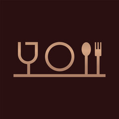  logo design minimalist restaurant, icon set combined into a single linear composition, monoline vector style, wine glass, round plate, spoon and fork, logo design, brand mark, simple and elegant