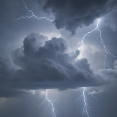 Dramatic lightning strikes illuminate a dark, stormy sky with powerful flashes of light against heavy clouds