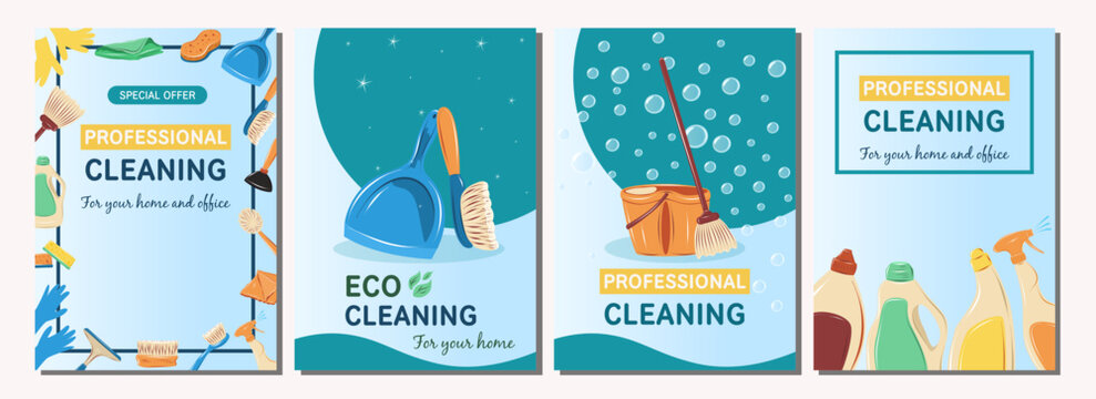 Set of cleaning service posters with cleaning equipment. Cartoon illustration promoting professional companies offer for banners and flayers.
