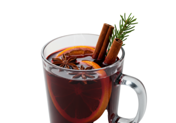 steaming glass mug of ruby mulled wine with rich spice garnish and pine sprig, sharp focus, dramatic rim lighting on a transparent background. cozy holiday celebration atmosphere