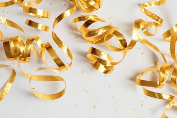 Flat lay of glittering gold streamers and confetti on bright white backdrop, elegant party decor