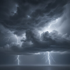 Powerful lightning bolts electrify the vast, dark ocean under a turbulent, ominous sky, capturing the intense drama and raw energy of a severe thunderstorm