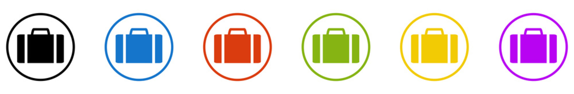 Banner mit 6 farbigen Icons im Kreis: Koffer, Aktenkoffer oder Reisegep&auml;ck