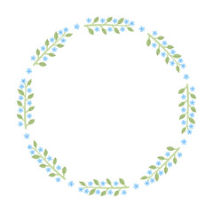 Veronica Plant Spring Wreath. Hand drawn Botanical Geometric Border with tiny blue flowers and green leaves. Cute Sprigs Frame. Vector illustration