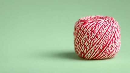 Red and white twine ball on a soft green background.