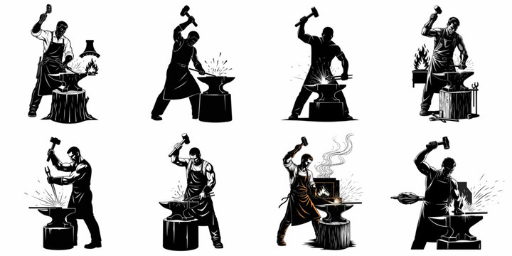 Collection of eight dynamic vector silhouettes illustrating blacksmiths hammering hot metal on anvils, symbolizing hard work, craftsmanship, and traditional forging.