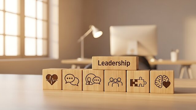 Wooden blocks with icons representing core values in a modern home office setting