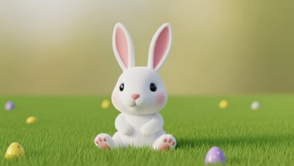 Fototapeta premium Cute Cartoon Bunny with Easter Eggs Rabbit Grass Colorful. Concept featuring bunny, rabbit, easter, cartoon, cute.