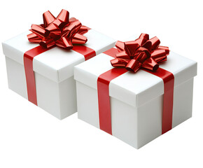 Fototapeta premium Two Elegant Gift Boxes Wrapped in Red Ribbons and Bows, Perfect for Celebrating Special Occasions and Making Loved Ones Feel Cherished, png, isolated on transparent background 