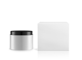 A cosmetic bottle with a lid and a white cardboard box on a white background.