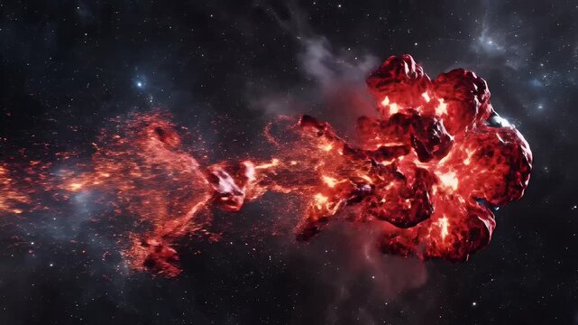 Vibrant red cosmic nebula explosion glowing with fiery light against a dark starry space background.