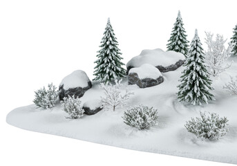 Miniature photorealistic diorama of heavily frosted evergreen pine trees and granite rocks buried in deep, textured powder snow, isolated on a transparent void. concept for winter advertising