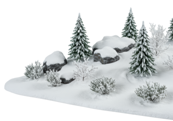 Miniature photorealistic diorama of heavily frosted evergreen pine trees and granite rocks buried in deep, textured powder snow, isolated on a transparent void. concept for winter advertising