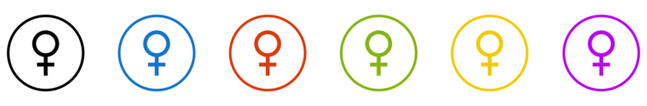Banner mit 6 farbigen Icons im Kreis: Frauen Zeichen