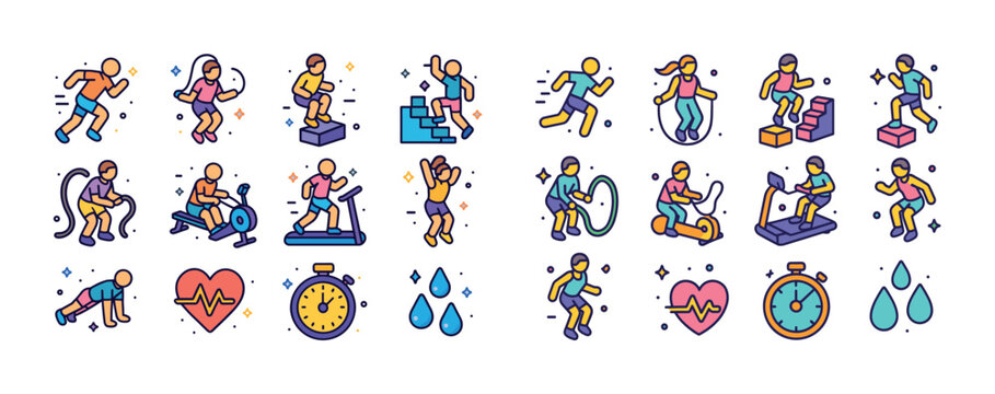 Colorful fitness icons: diverse exercise activities and equipmen