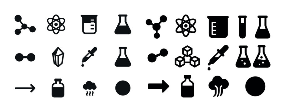 Science icons: molecules, atoms, beakers, flasks, droppers, crys