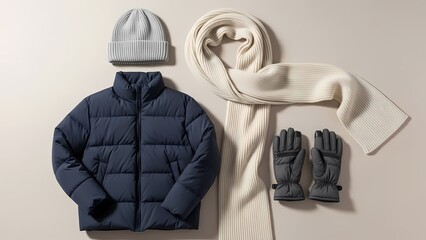 A clean winter clothing arrangement featuring a jacket, gloves, scarf, and beanie on a neutral background. Ideal for fashion catalogs, e-commerce, and seasonal promotions.