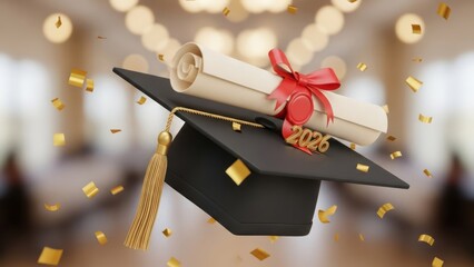 Graduation Cap with Diploma and Confetti Celebration 2026 Graduation Ceremony. Concept featuring graduation, cap, diploma, confetti, celebration.