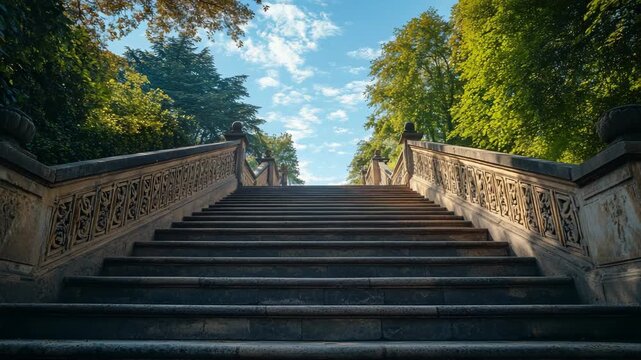 Old stone staircase with carved balustrades and lush greenery leading upward, symbolizing travel, historic architecture, urban exploration, landscape design, culture and architectural beauty.
