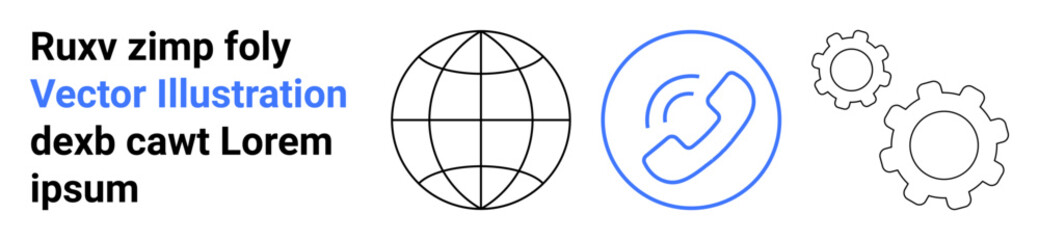Communication, global connectivity, support systems, technology development, customer service, and teamwork. A globe, phone icon and gears connectivity and technology. Communication and global