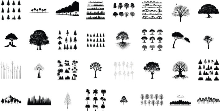 Silhouette of various tree and people icons isolated on transparent background