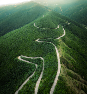 Aerial view of mountain winding road in Kakheti, Georgia. High quality photo
