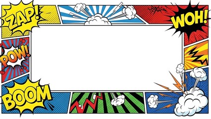 Comic strip frame with action phrases and explosion effects