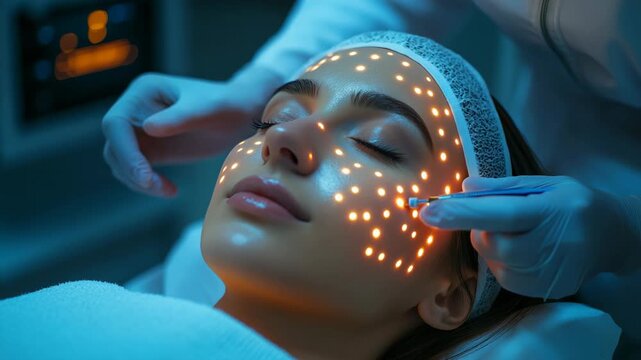 Close-up of young woman lying relaxed during advanced LED facial skincare treatment with glowing lights on her face, dermatology, beauty, rejuvenation, cosmetic procedure, wellness, modern aesthetics.