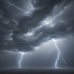 A powerful and intense electrical storm illuminates the dark, turbulent sky with multiple bright lightning bolts, showcasing the raw force and dramatic beauty of nature's formidable display