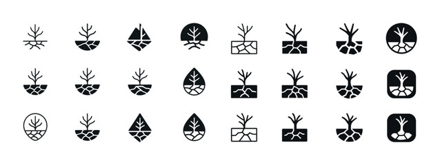 Collection of tree and roots icons in various geometric shapes
