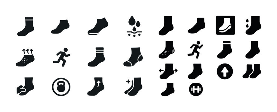 Icon set of athletic and moisture-wicking socks with action symb