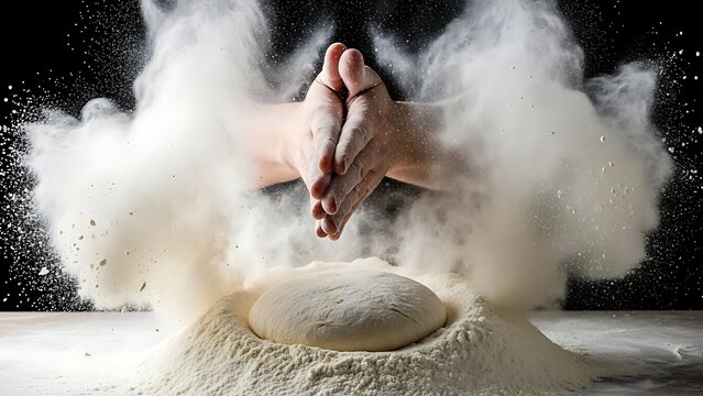 Hands clapping together creating flour cloud over fresh pizza dough making italian bread - Powered by Adobe