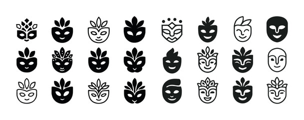 Black and white decorative mask icons in various designs and sty