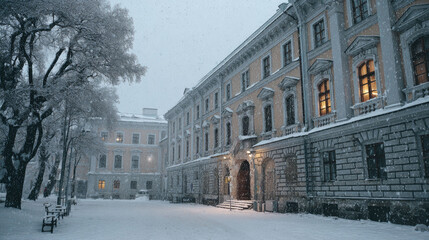 Classical large building facade on a snowy street at night, with warm light glowing from windows
