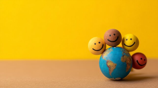 Global Unity Concept , Colorful globe with smiley faces against a yellow background. - Powered by Adobe