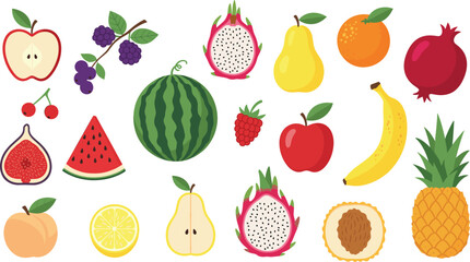 Colorful Flat Design Collection of Various Fresh and Healthy Exotic Fruits Vector Illustration