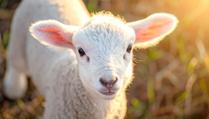 Obraz premium Close-up of a lamb with white wool and large ears gazing directly at the viewer, lit by sunlight