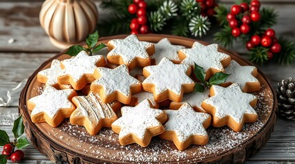 An ultra-realistic still life of Christmas cookies arranged on a rustic wooden platter, dusted with powdered sugar, holly sprigs as garnish, soft, natural light